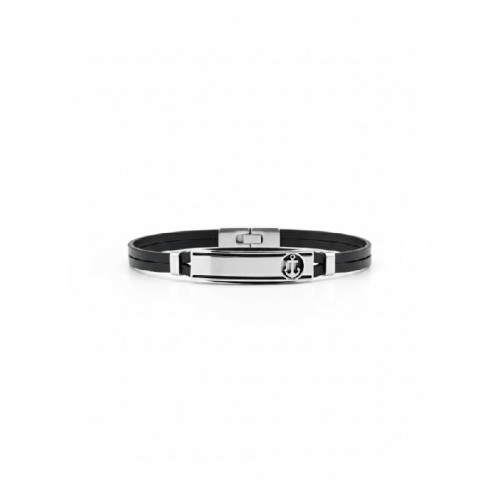 Pulsera acero y piel negra - AV0174